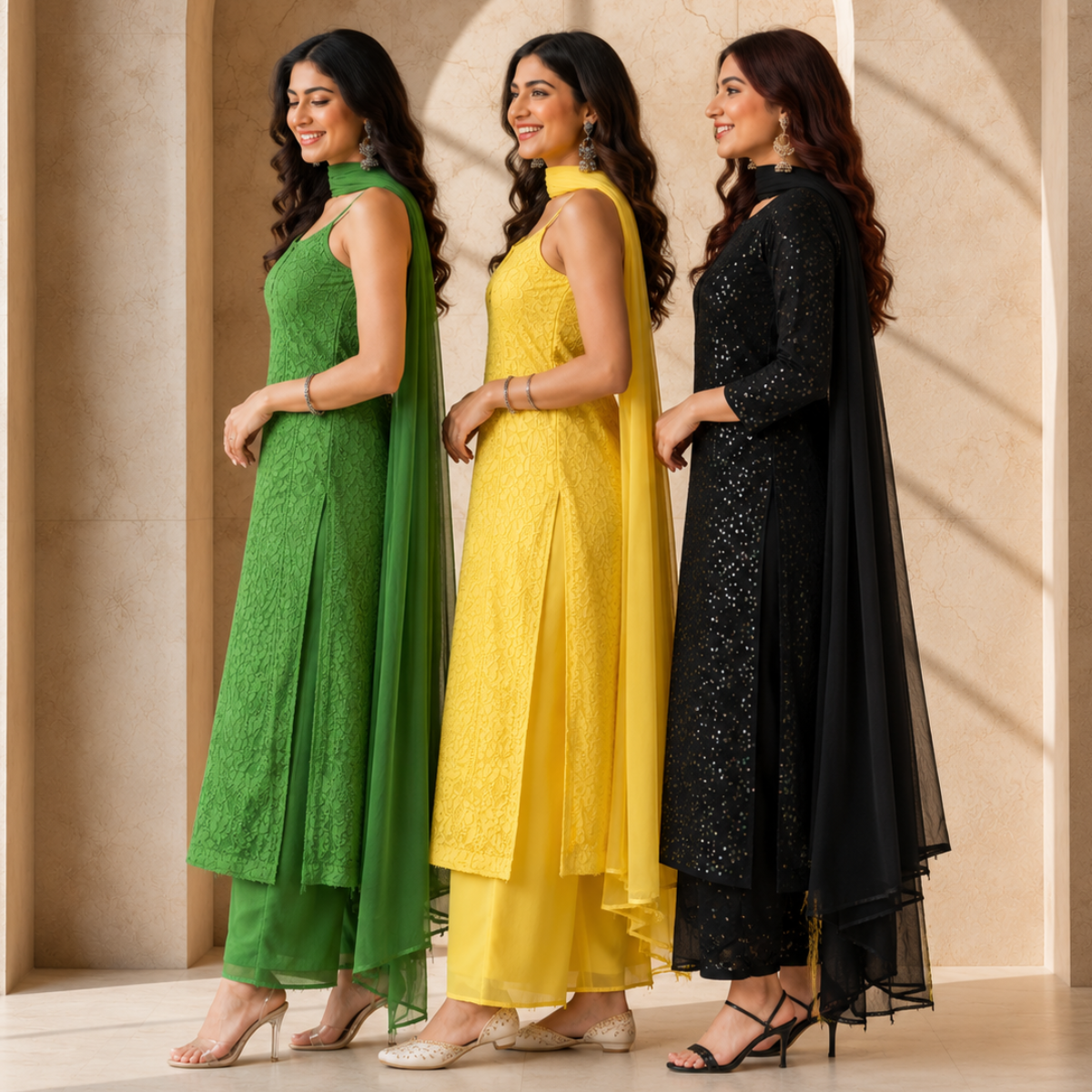 3 Women's Chikankari Kurta Set with Dupatta ( CK3 )