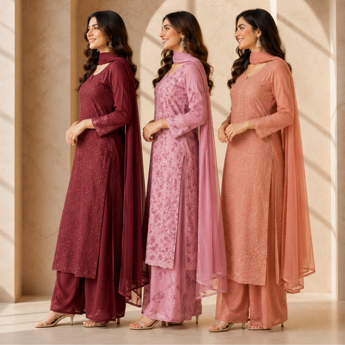 3 Women's Chikankari Kurta Set with Dupatta ( CK4 )