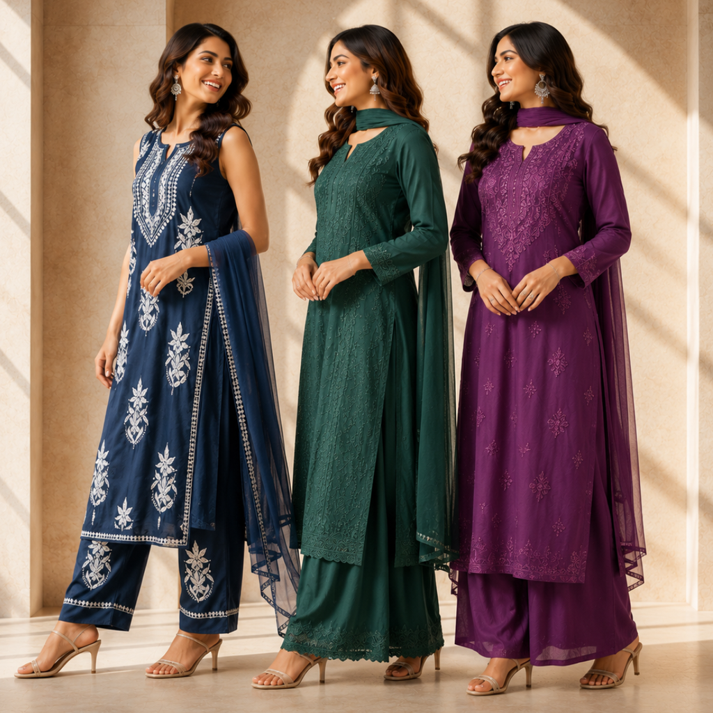 3 Women's Chikankari Kurta Set with Dupatta ( CK5 )