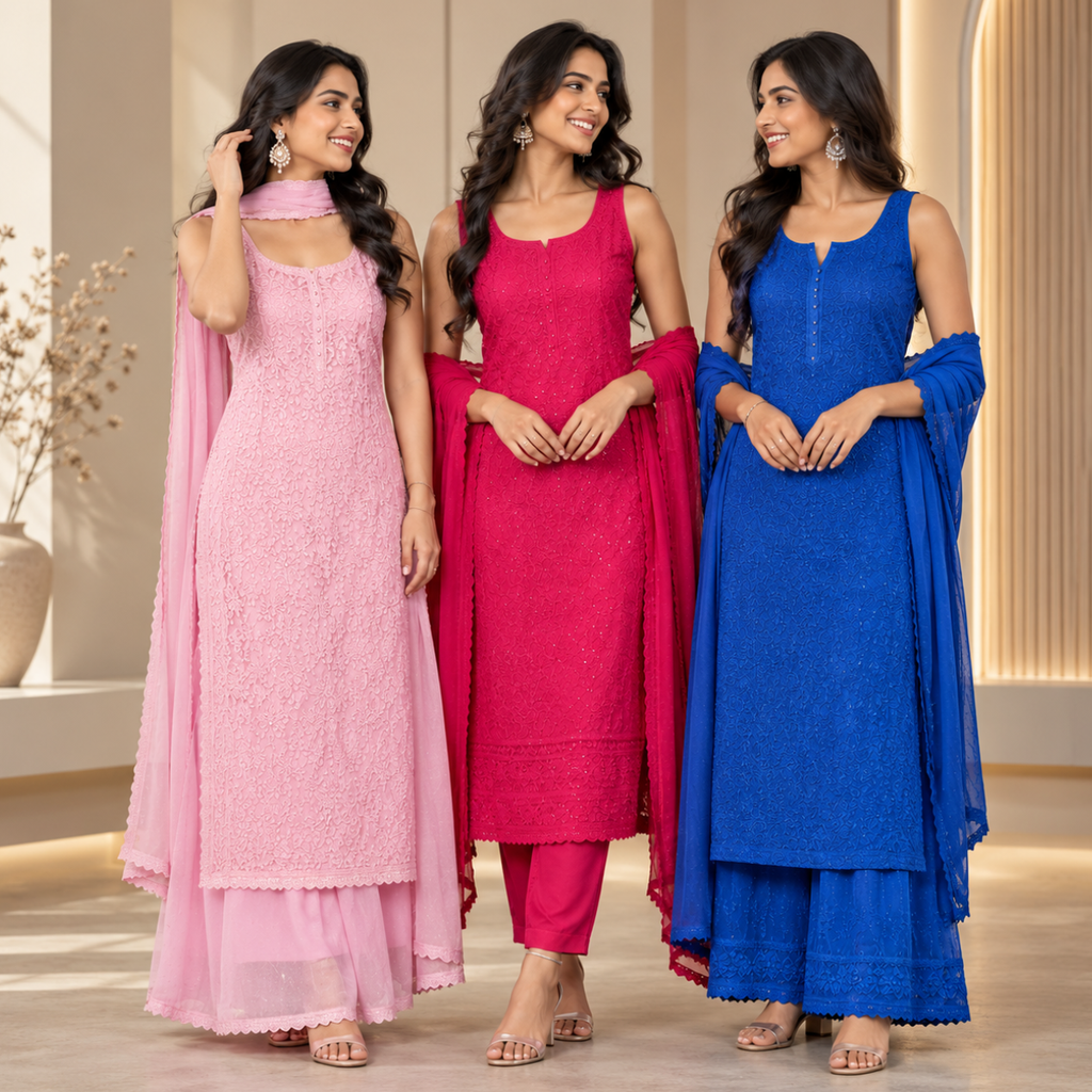 3 Women's Chikankari Kurta Set with Dupatta ( CK1 )
