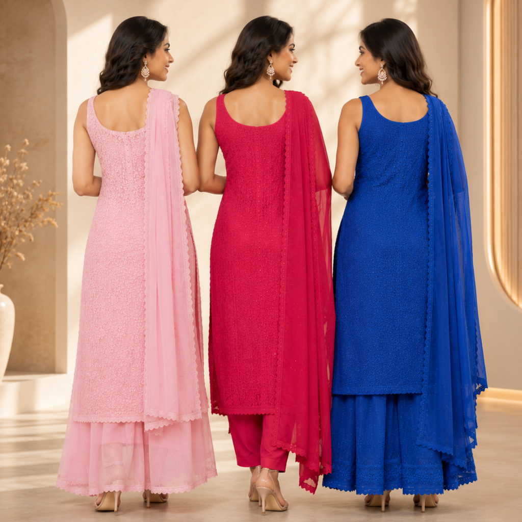 3 Women's Chikankari Kurta Set with Dupatta ( CK1 )