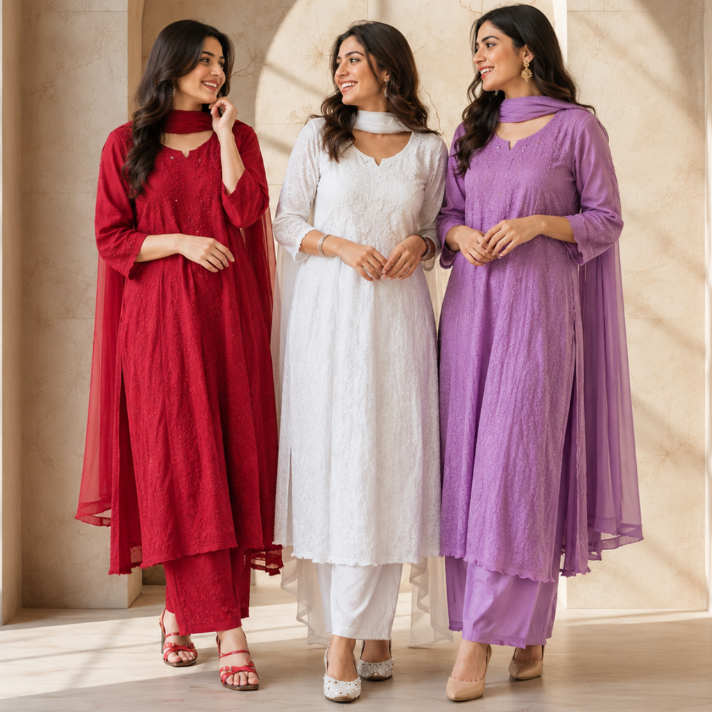 3 Women's Chikankari Kurta Set with Dupatta ( CK2 )
