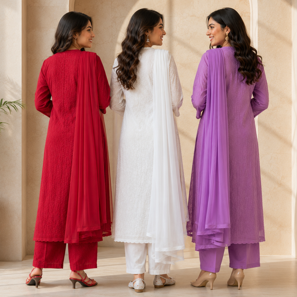 3 Women's Chikankari Kurta Set with Dupatta ( CK2 )