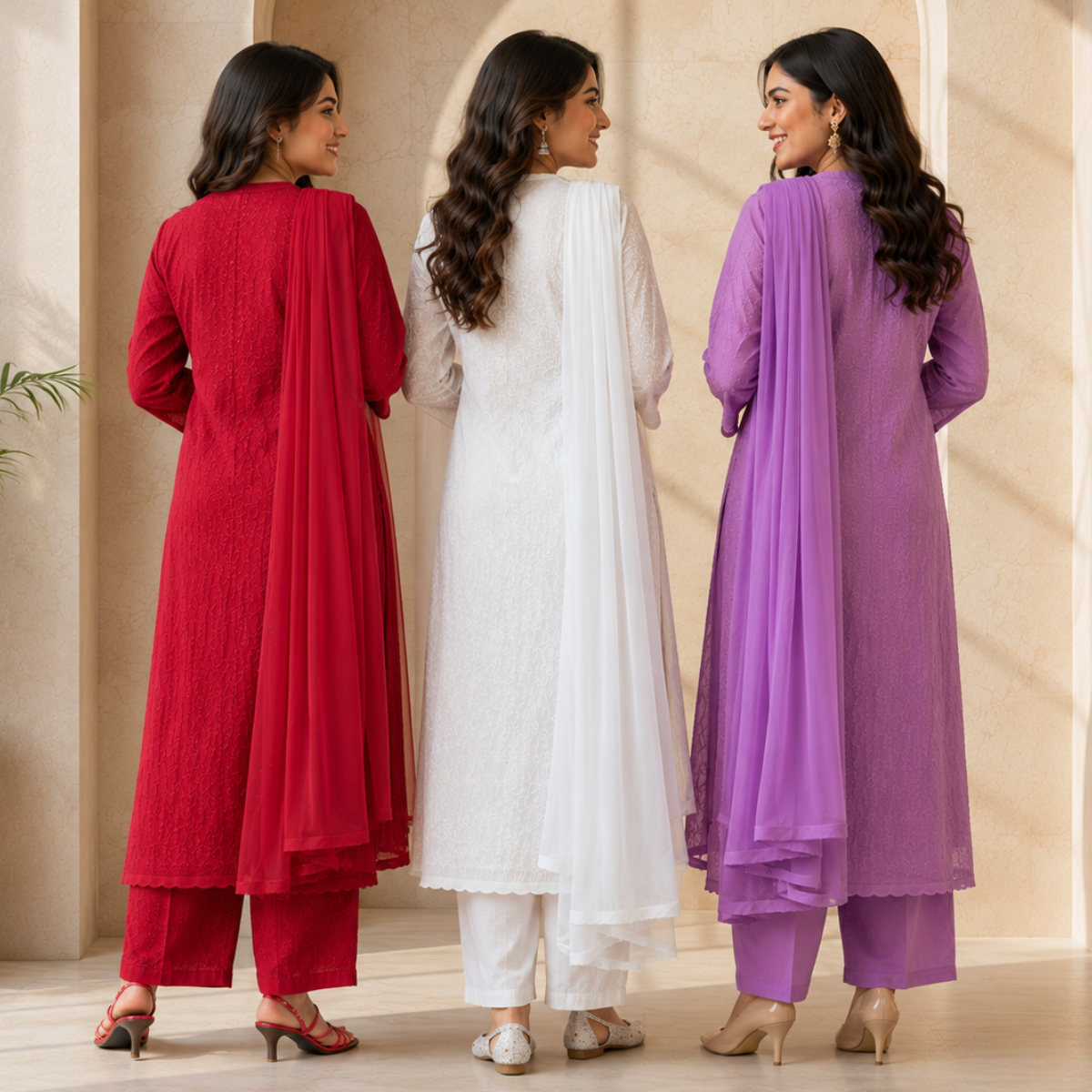 3 Women's Chikankari Kurta Set with Dupatta ( CK2 )